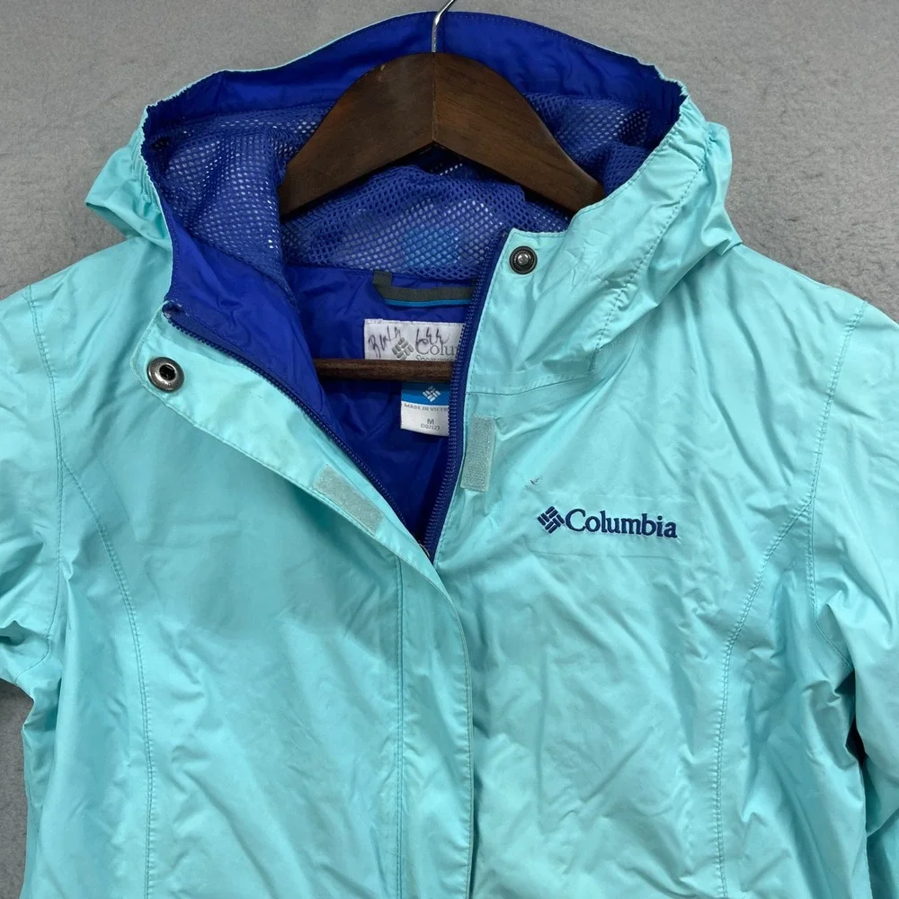 Columbia Rain Jacket Girls M 10/12 Aqua Blue Omni-Tech Hooded Outdoor Waterproof